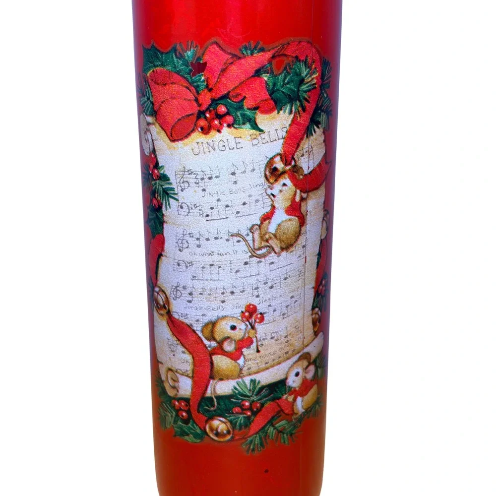 Vintage Christmas Jingle Bells Mouse Red Glass Cylinder Vase Mid Century Retro